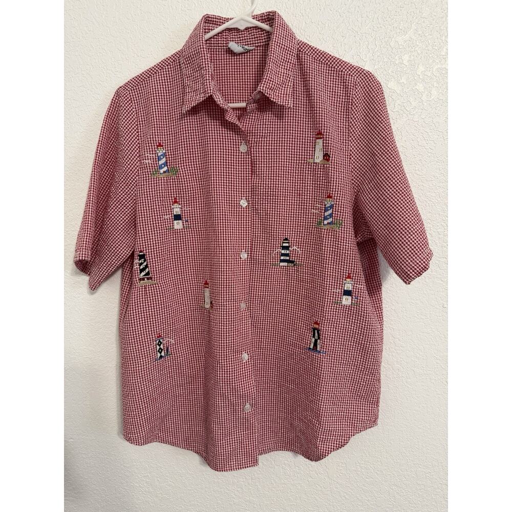 BonWorth Women’s Size M Embroidered Red Gingham Lighthouse Short Sleeve Blouse